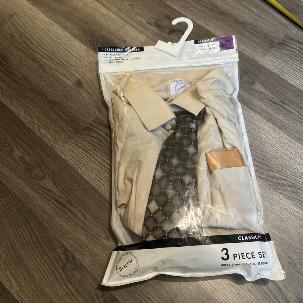 Bespoke 3-Piece Beige Dress Shirt Tie & Pocket Square Set XL 18-18.5 34-35 New